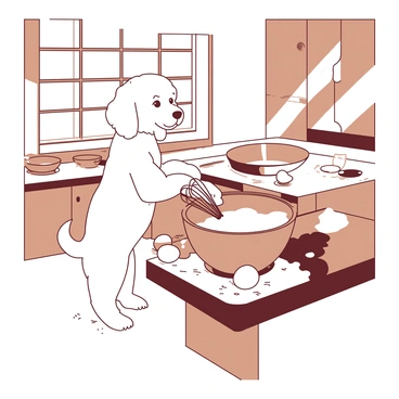 A poodle assisting in baking with flour on its paws in a kitchen