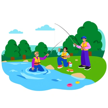 A group of three young anglers standing by the edge of a sparkling river. Each angler is wearing colorful life jackets and holding fishing rods. One angler has a blue cap and is casting their line into the water, while another is kneeling on the grass, preparing bait with a container beside them. The third angler is watching intently, smiling as they observe the others. The surrounding area features lush green trees and playful ripples in the water, capturing a sunny day atmosphere. A few colorful fishing floats are scattered around the riverbank.