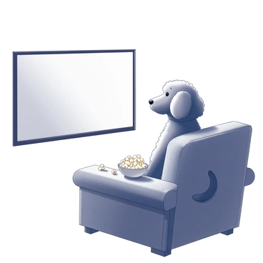 A labradoodle sitting comfortably on a couch. The dog has a fluffy coat with defined curls, and it is gazing attentively at a large screen displaying a movie. A bowl of popcorn is placed on the armrest of the couch, with a few pieces scattered nearby. The dog's ears are perked up, and its tail is relaxed, indicating a calm demeanor as it enjoys the film. The couch is upholstered in a textured fabric, and the room is softly lit, contributing to a cozy atmosphere.