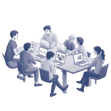 A group of people seated at a long table, each with a laptop open in front of them. They are engaged in conversations, sharing and discussing digital artworks displayed on their screens. Some individuals are leaning in with interest, while others are gesturing towards their laptops, pointing at specific pieces of art. The environment appears lively and collaborative, with various digital artworks visible on the screens showcasing different styles and subjects. The setting has a contemporary feel, suited for an online art fair atmosphere.