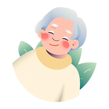 A side view of an elderly person with light skin and gray hair is depicted. The person has kind, wrinkled eyes that reflect warmth and wisdom. A gentle smile is present on their face, highlighting the deep smile lines. They are wearing a soft beige sweater, and their head is slightly tilted as if engaged in a pleasant thought. In the background, there are hints of a garden with green foliage, softly blurred to emphasize the elderly person's peaceful demeanor.