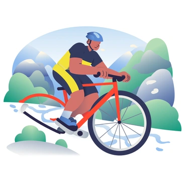 A para-cyclist with medium skin is expertly navigating a challenging mountain trail. They are seated in a sleek, lightweight handcycle, featuring bright red and black colors. The cyclist is wearing a blue helmet and a fitted black cycling jersey with vivid yellow accents. Their hands grip the handlebars firmly as they concentrate on the winding path ahead. Surrounding them are rugged mountain landscapes with rocky terrain and patches of green vegetation. In the background, a clear blue sky and distant mountains add depth to the scene. The cyclist's determination is evident in their focused expression as they maneuver through the trail.