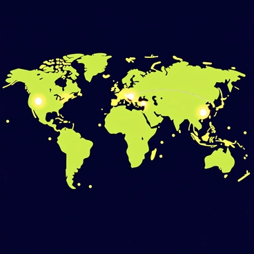 A world map with a dark blue ocean background and detailed landmasses in various shades of green and brown. Each country is outlined clearly, and glowing lines in bright yellow connect different countries across the globe. The glowing lines pulse softly, suggesting movement and interaction between the nations. Small glowing dots appear at major cities, enhancing the vibrant connections across the map.