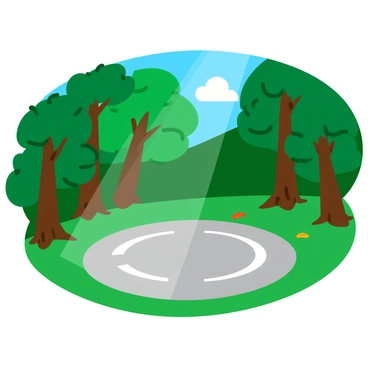 A helicopter pad located in a forest clearing, surrounded by tall, green trees with thick trunks. The pad is circular and made of gray concrete, with white markings indicating its use. Sunlight filters through the branches, creating dappled patterns on the ground. A few scattered leaves and twigs are visible on the surface of the pad, and a gentle breeze rustles the foliage of the trees.