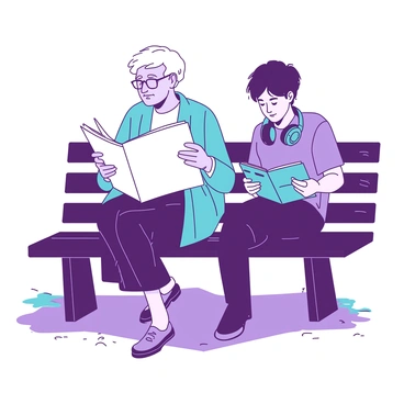An elderly person with silver hair is sitting on a wooden bench, holding a folded white newspaper in their hands. They are dressed in a light blue cardigan and reading glasses perched on their nose. Beside them, a young person is sitting with a modern teal e-reader, focused on the screen. The young person is wearing a casual gray t-shirt and has headphones resting around their neck. Sunlight casts gentle shadows on the ground, creating a cozy atmosphere around the bench.