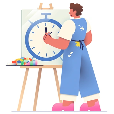 An artist with light skin and curly brown hair is standing in front of a large canvas, painting the face of a stopwatch. The artist is wearing a blue apron splattered with paint, and they are holding a paintbrush in their right hand. The stopwatch on the canvas is detailed, showing the numbers and the hands indicating a specific time. The background features a wooden easel and various paint tubes scattered on a table beside the artist. A palette with vibrant colors is in the artist's left hand as they focus on their work. Soft light filters into the room, illuminating the canvas.