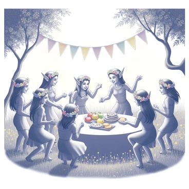 A group of elves gathered in a lush meadow, surrounded by tall grass and wildflowers. Each elf is adorned with intricate flower crowns made from various blooms, enhancing their delicate features. They are dressed in flowing garments that blend harmoniously with the natural surroundings. Some elves are dancing joyfully, while others are seated in a circle, sharing stories and laughter. Brightly colored banners and ribbons are strung between trees, and a long table is laid out with an abundance of fruits and baked goods, adding to the festive atmosphere. The warm sunlight filters through the leaves, creating a lively ambiance in the meadow.