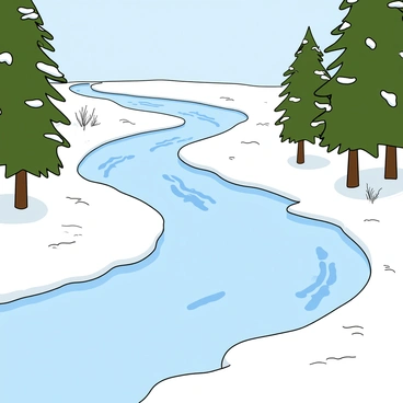 A frozen river with a smooth, crystalline surface winding through a snowy winter forest. The river is bordered by tall, frosty pine trees, their branches heavy with fresh snow. The ground is blanketed in a thick layer of white snow, with several animal tracks crisscrossing the ice, indicating the presence of wildlife. In the background, a few sparse bushes peek out from the snow, and the soft light creates gentle shadows across the scene. The sky above is a pale blue, hinting at a clear winter day.