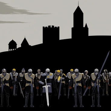 A group of Uruk-hai warriors assembling for battle in a dark, foreboding landscape. The Uruk-hai are large and muscular, wearing pieces of armor that glint in the dim light. They are carrying menacing weapons such as swords and axes. The soldiers are gathered in a tight formation, their faces determined and fierce. In the background, the imposing fortress of Isengard looms, with its tall, black towers and heavy stone walls, creating a sense of urgency and tension. The sky above is cloudy and ominous, enhancing the atmosphere of impending conflict.