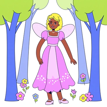 A Barbie doll dressed as a fairy stands in a magical forest. The fairy has delicate wings that shimmer in soft pastel colors. She wears an ethereal gown that is long and flowing, with layers that catch the light. The gown features intricate floral patterns and sparkles. Surrounding her are tall, slender trees with vibrant green leaves. There are colorful flowers blooming at her feet, adding pops of color to the scene. Soft beams of light filter through the tree branches, illuminating the fairy and creating a whimsical atmosphere.