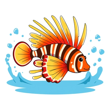 A lionfish with long, flowing fins displaying a multitude of vibrant colors, including bright reds, oranges, and yellows. The fish's body is striped with bold white and dark brown patterns. Its characteristic venomous spines fan out gracefully, creating a striking silhouette. The surrounding water is filled with lively bubbles and splashes in shades of blue and turquoise, enhancing the vibrant colors of the lionfish. The overall scene captivates attention through its dynamic movement and vivid color palette.