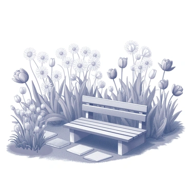 A garden scene filled with various flowers in full bloom. The flowers include daisies, tulips, and roses, each exhibiting different shapes and sizes. The arrangement of the flowers creates a natural, organic composition throughout the garden. Lush green leaves surround the blossoms, providing contrast to their forms. In the foreground, a stone pathway winds through the garden, leading to a wooden bench nestled among the flowers. The setting captures the essence of a tranquil outdoor space, inviting viewers to imagine being in a peaceful garden.