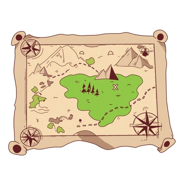 An intricate illustration of an ancient treasure map featuring a weathered parchment background. The map displays various landmarks such as mountains, rivers, and an island at its center. A dotted path runs across the map, indicating a route to the "X" marking the treasure's location. In the corners of the map, there are ornate compass roses and decorative borders. The overall color scheme includes shades of brown and green, enhancing the old-world charm of the map.