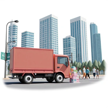 A bright red truck, featuring a sleek design and shiny chrome details, is parked on a bustling city street. The truck is unloading various packages onto the sidewalk, which are neatly stacked in colorful boxes. Surrounding the truck, there are tall skyscrapers made of glass and steel, reflecting the sunlight. Pedestrians are walking by, some stopping to watch the delivery, while others are engaged in conversations. Streetlights and traffic signs line the road, and a few trees are dotted along the sidewalk, adding to the vibrant urban atmosphere.