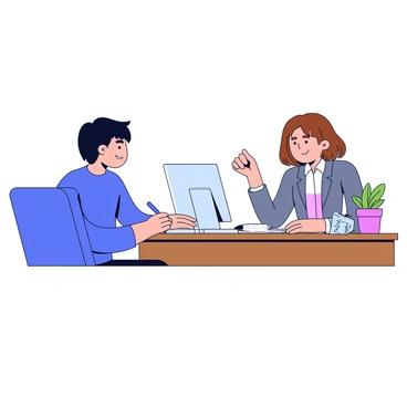 A customer is sitting at a wooden desk while signing a car lease agreement. The customer has short black hair and is wearing a blue shirt. Across from them, a smiling agent with medium-length brown hair is leaning slightly forward, looking engaged. The agent is dressed in a gray suit and has a pen in hand, ready to assist. The desk is organized with a few car brochures and a computer monitor in the background. A small potted plant sits on the desk, adding a touch of greenery to the scene.