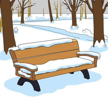 A snow-covered bench in a tranquil winter park