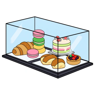 A glass bakery display case filled with an assortment of colorful pastries. The case has a sleek, polished surface and is slightly tilted to showcase the treats inside. The pastries include vibrant macarons in shades of pink, green, and yellow, flaky croissants brushed with golden butter, and small fruit tarts topped with fresh berries. Each pastry is elegantly presented on a white square plate, with one macaron stacked above the others. A delicate cake with pastel frosting is positioned at the back, decorated with tiny edible flowers. The whole arrangement is inviting, with soft reflections on the glass surface.