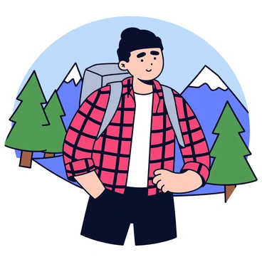 An eboy hiking in the mountains. He has short, dark hair peeking out from under a black beanie. He is wearing a red and black checkered flannel shirt that is slightly unbuttoned at the collar. The flannel shirt is paired with black cargo pants. On his back, he carries a gray backpack. The background features tall, green pine trees and rocky mountain peaks reaching into a blue sky.
