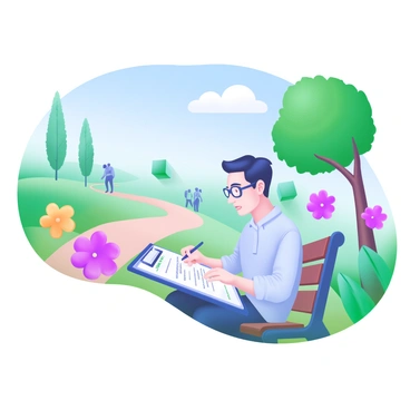 A modern pastel illustration of a person sitting on a wooden bench in a park, taking notes on a clipboard questionnaire. The person is wearing a light blue shirt and glasses, focused intently on writing. Around them are blooming flowers in various colors, including pink and yellow, adding vibrancy to the scene. Tall, green trees provide shade above, and a gentle breeze ruffles the pages of the clipboard. In the background, a path winds through the park, with a couple of people strolling leisurely. A soft blue sky is visible above, dotted with fluffy white clouds.