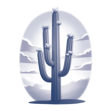 A cactus is standing tall, its silhouette sharply outlined against the sky. The cactus has several arms that extend outward, each adorned with myriad "vibrant flowers." The background features a "dramatic sunset sky," with layers of clouds creating texture and depth. The sun is low on the horizon, casting a soft glow that outlines the cactus and flowers, creating a striking contrast against the darker silhouette. The overall composition captures the natural beauty of the scene.