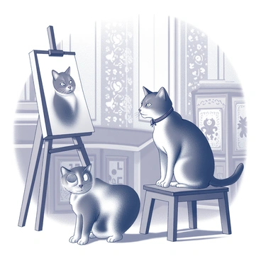 A Victorian-style interior featuring a cat seated at an easel. The cat is depicted with an expressive face, focused intensely on painting. In front of the artist cat, another cat is posed elegantly, wearing a "cravat" around its neck. The second cat displays a proud demeanor, with its tail elegantly curled. The easel holds a canvas showing the emerging portrait of the seated cat. The room is adorned with intricate wallpaper and ornate furniture, adding to the Victorian atmosphere.