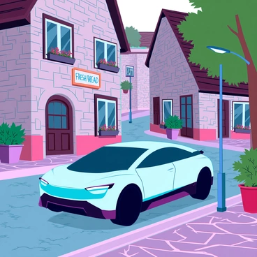 An electric car with a sleek, modern design is gliding smoothly along a narrow, winding cobblestone street in a quaint rural village. The buildings lining the street feature charming, rustic architecture with weathered stone walls and wooden shutters. Colorful flower boxes adorn the windows, adding vibrant splashes of color to the scene. A small bakery with a hand-painted sign displaying "Fresh Bread" sits at the corner, while an old-fashioned street lamp illuminates the evening light. Lush greenery and trees frame the path, creating a serene atmosphere in this idyllic setting.