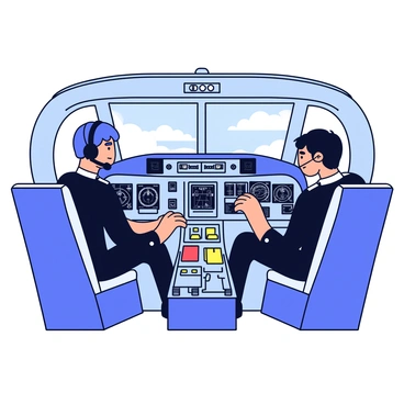An airplane cockpit with two pilots actively engaged in navigation. The cockpit features a large control panel filled with various dials, gauges, and screens displaying flight data. One pilot, wearing a dark uniform and a headset, is focused on the instruments in front of him. The second pilot, also in uniform, is adjusting the throttle while looking at a navigation chart. There are several buttons and switches illuminated on the control panel. The cockpit windows reveal a view of the sky, with clouds visible outside.