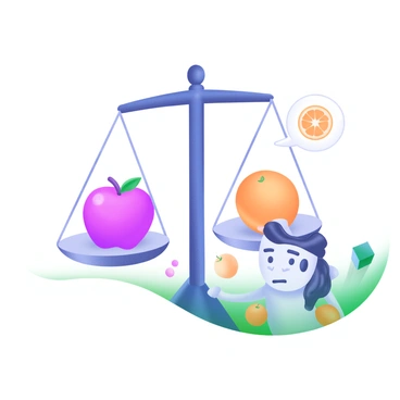 A modern pastel illustration featuring a scale balancing "apples" on one side and "oranges" on the other side. Next to the scale, there is a "confused character" with raised eyebrows and a puzzled expression, scratching their head. The background includes a few scattered apples and oranges on a flat surface, enhancing the setting. The overall composition highlights the contrast between the fruits on the scale.