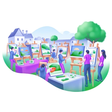 A vibrant outdoor art market in Grenoble, featuring numerous artists displaying their colorful paintings on easels. Each artist has unique styles, showcasing a variety of subjects including landscapes, abstracts, and portraits. The scene is filled with visitors admiring the artwork, some engaged in conversation with the artists. Stalls are decorated with art supplies and framed pieces, creating a lively and dynamic atmosphere. In the background, charming buildings of Grenoble can be seen, with trees providing shade over the market. The sky is bright and clear, adding to the lively ambiance of the event.