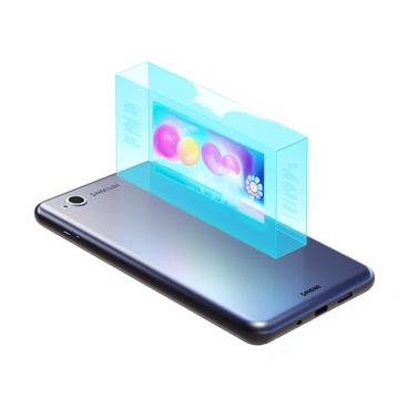 A futuristic Samsung device featuring a sleek and modern design. The device showcases a large, transparent holographic display projecting vivid images and information in mid-air. The body of the device is metallic with smooth edges, reflecting light in a sophisticated manner. On the front, there are minimal physical buttons, enhancing its streamlined appearance. The holographic elements include vibrant colors and dynamic animations, creating an interactive user interface. The background is subtle, allowing the device to stand out as a centerpiece.