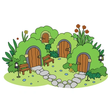 A tiny fairy garden filled with vibrant green miniature plants of various shapes and sizes. The garden features several hidden doors made of wood, adorned with intricate carvings, nestled between the plants. Some plants have delicate flowers blooming in bright colors, while others have soft, lush leaves. Small pebbles create a winding path that leads from one door to another, enhancing the magical feel of the scene. Tiny decorative elements like fairy-sized benches and lanterns peeking out from behind the foliage add charm to the garden.