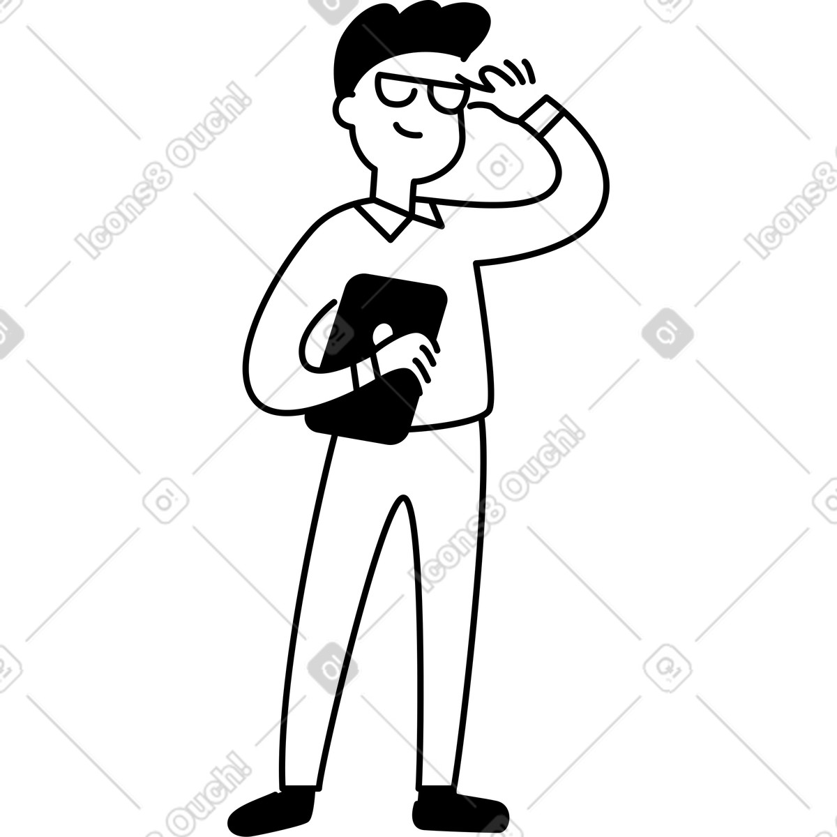 Notion Art 스타일의 Tablet holding professional adjusting glasses confident pose minimal line drawing 일러스트레이션 PNG, SVG 다운로드