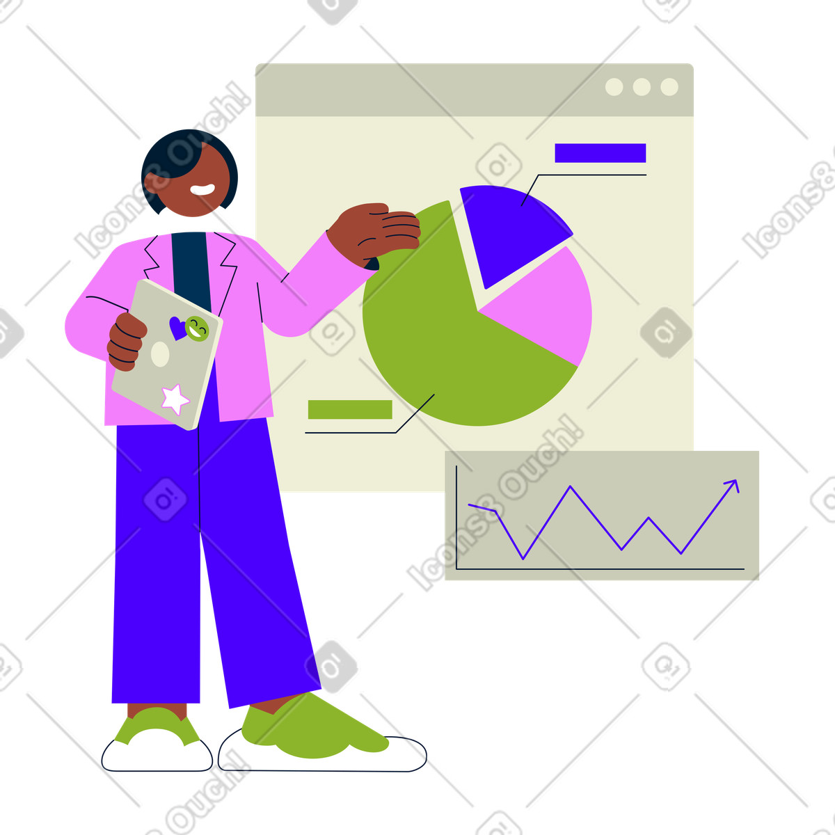 下载 Cubes 风格的 在图表上提供信息的妇女 插画，支持 PNG、SVG 格式