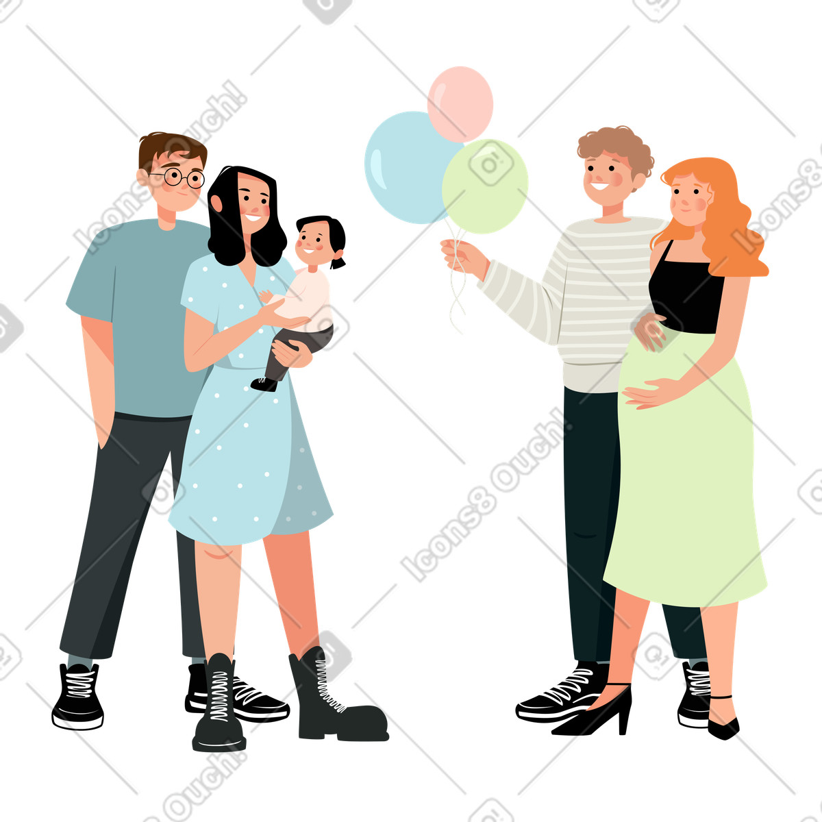 Families celebrate a children's holiday illustration in Lagom style download in PNG, SVG