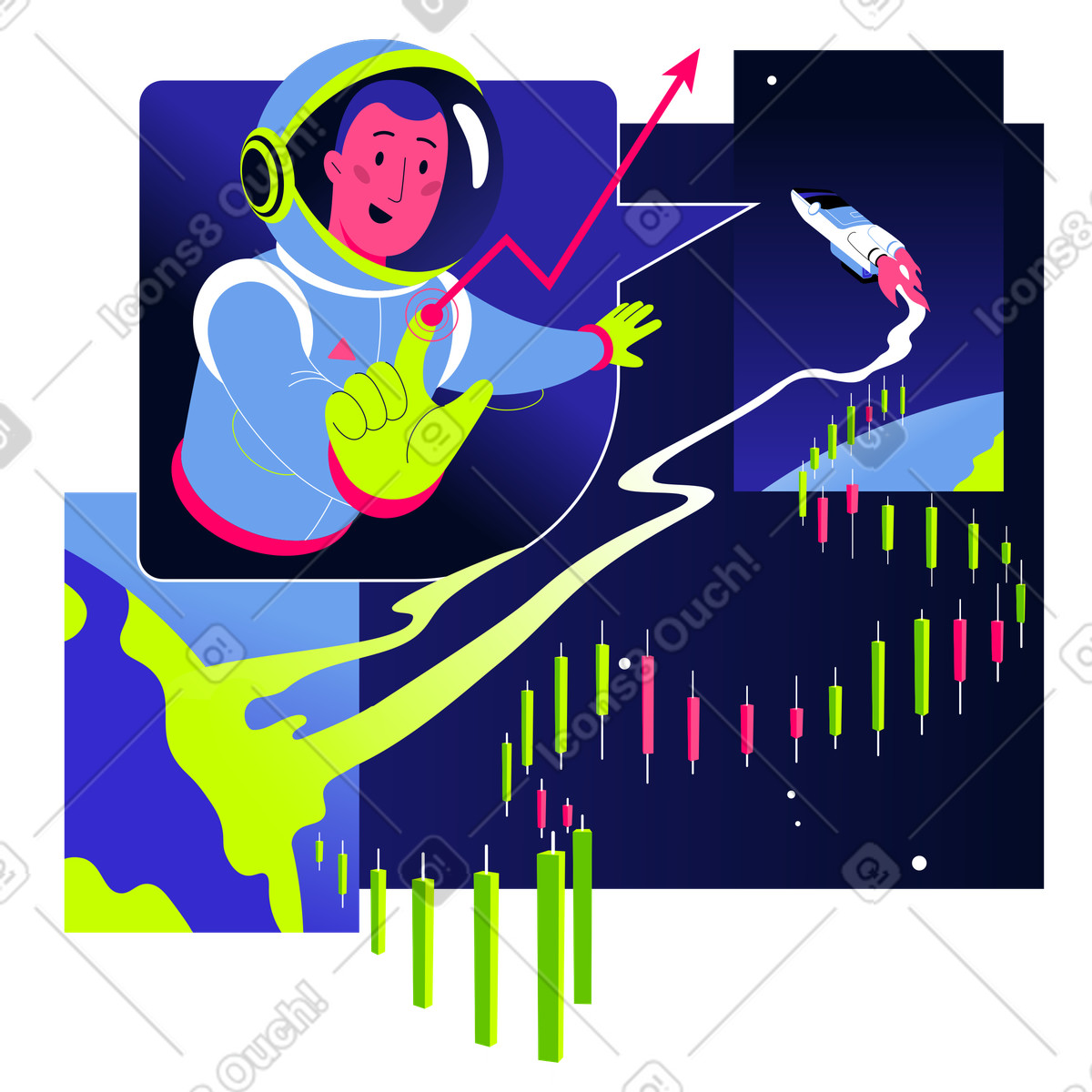 Astronaut above the financial chart clicks on arrow pointing up illustration in Space style download in PNG, SVG