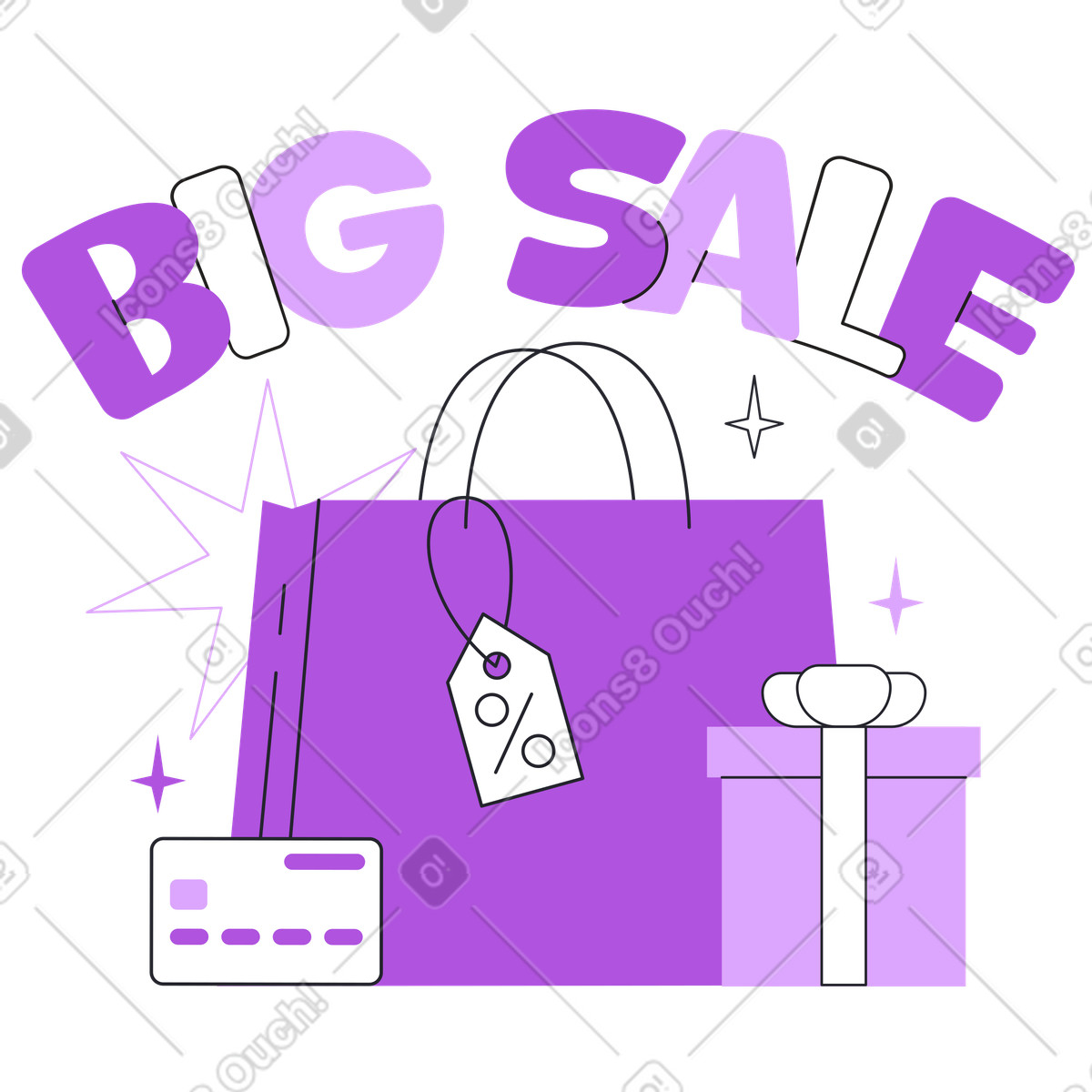 Illustration Shopping bag with discount tag and gift box, Big sale promotion dans le style Grapy à télécharger aux formats PNG, SVG
