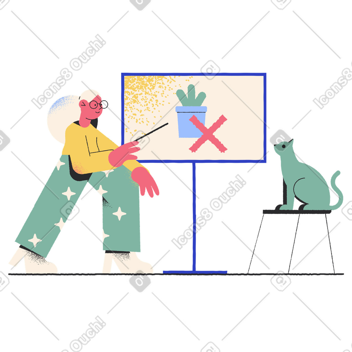 下载 Pablo 风格的 一名女子训练猫咪不吃室内植物 插画，支持 PNG、SVG 格式