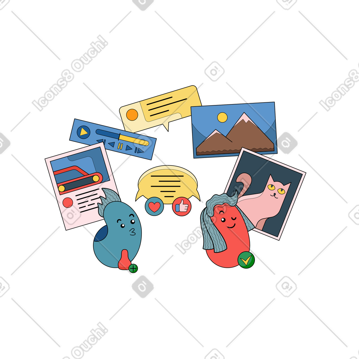 Playful avatars with photos and videos, Digital communication on social platforms-Illustration im Surr-Stil als Download in PNG, SVG