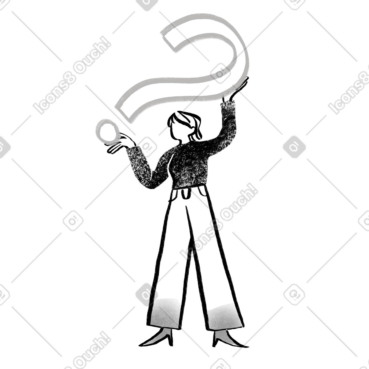 Black and white woman standing with a question mark illustration in Company style download in PNG, SVG