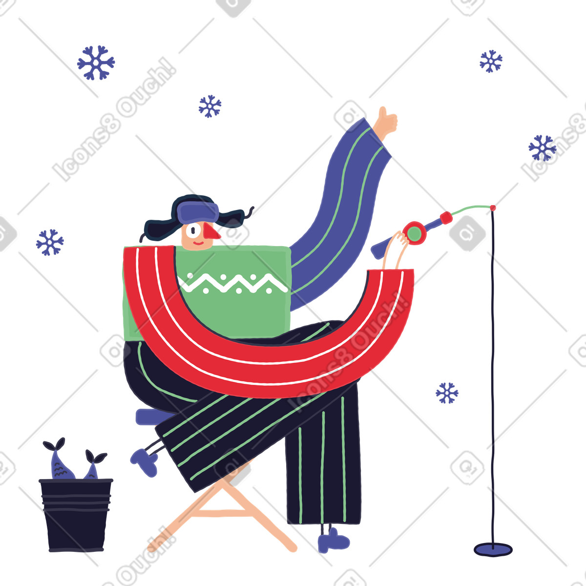 Stripy スタイルの 冬に氷上釣りをする男性 のイラストをPNG、SVG形式でダウンロード