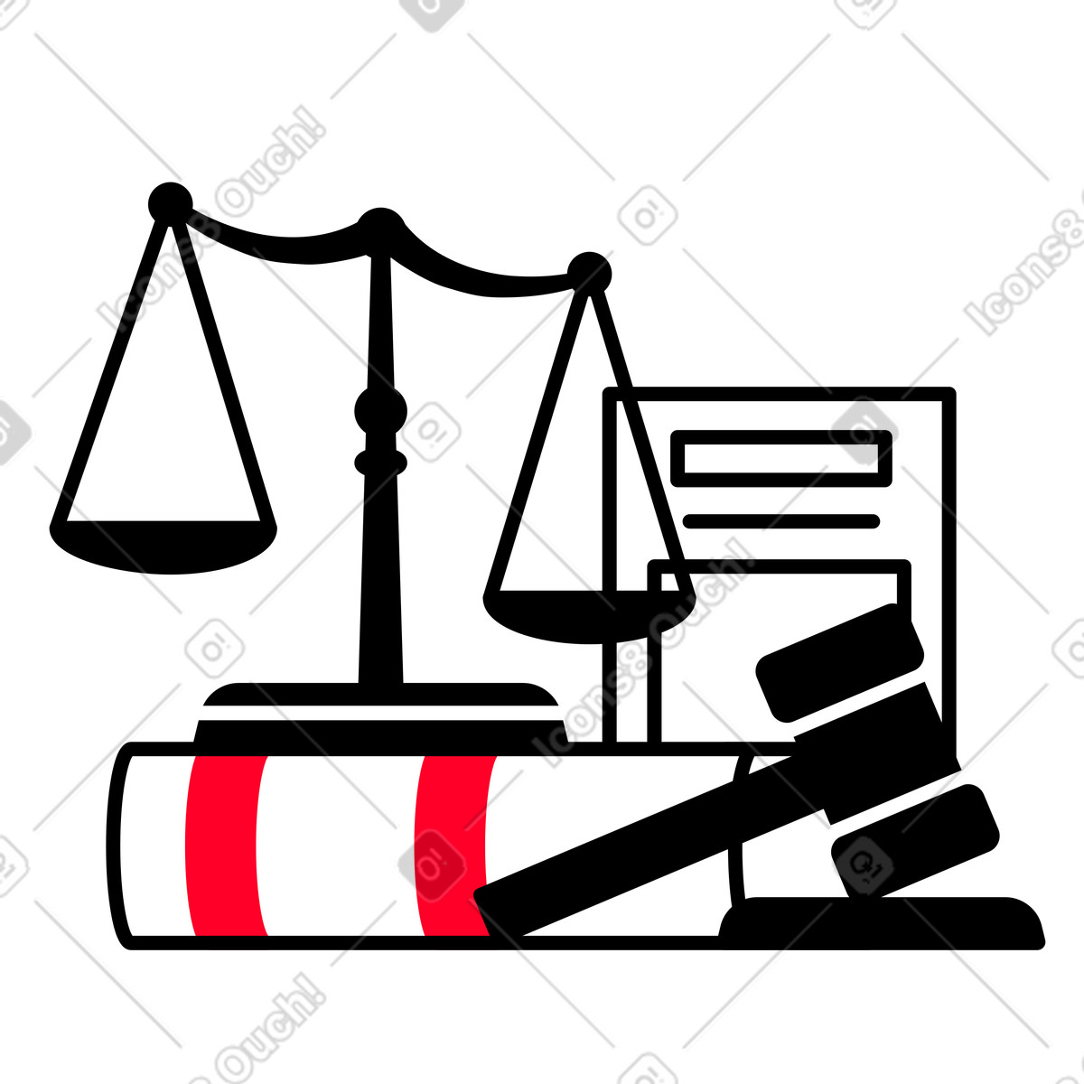 Gesetzbücher mit waage der gerechtigkeit und hammer-Illustration im Transistor-Stil als Download in PNG, SVG