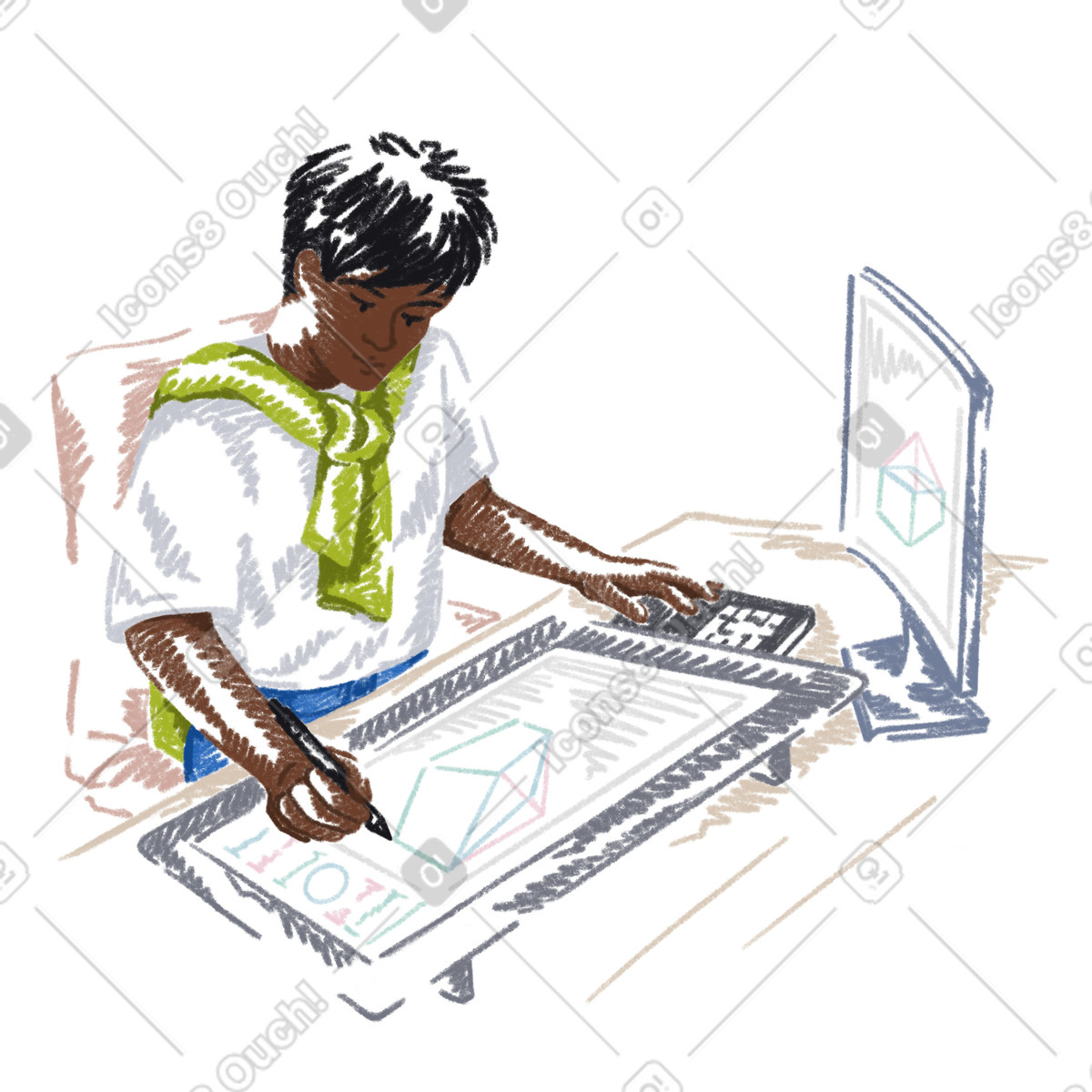 Designer maschio che lavora su tavoletta grafica con schermo illustrazione animata in stile Sketchbook scaricabile in GIF, Lottie (JSON), AE