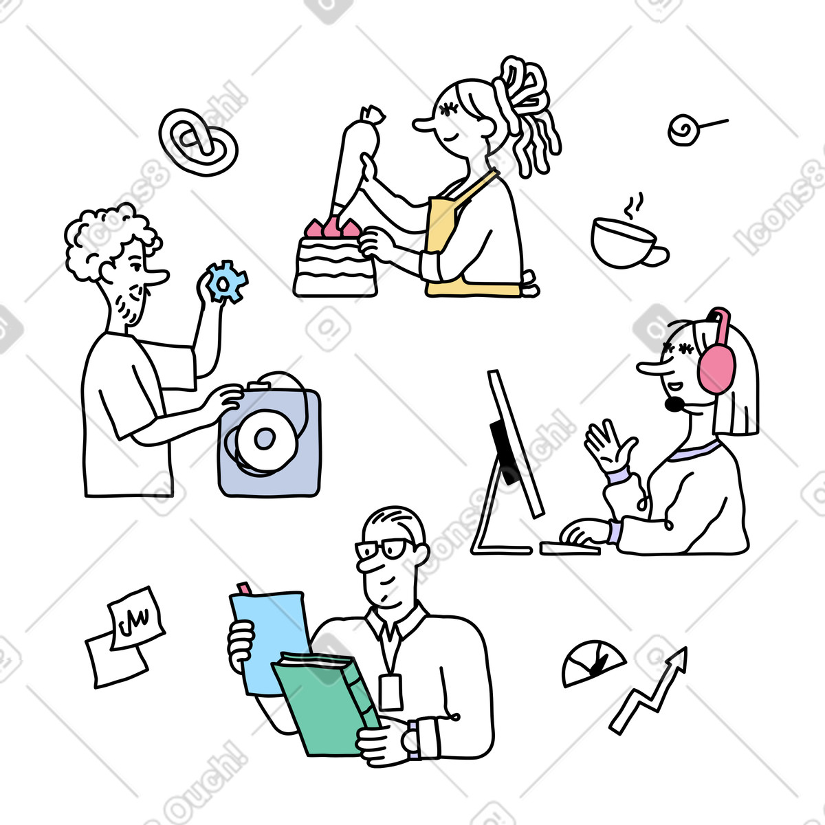 Persone di diverse professioni che lavorano illustrazione in stile Notes scarica in PNG, SVG