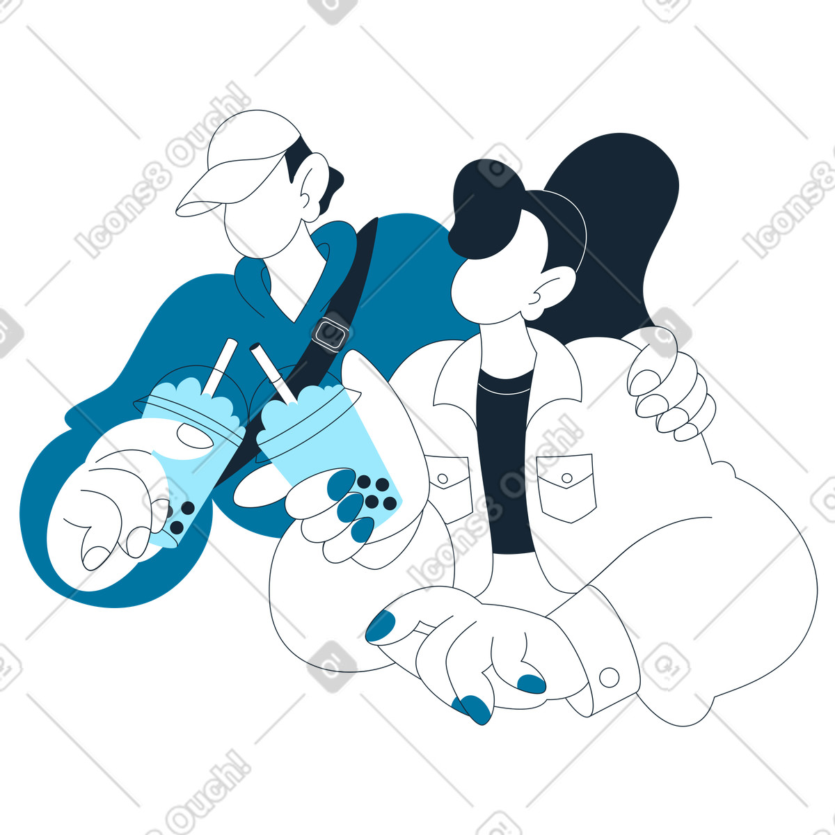 Friends sharing bubble tea drinks, Modern dating lifestyle-Illustration im Indigo-Stil als Download in PNG, SVG