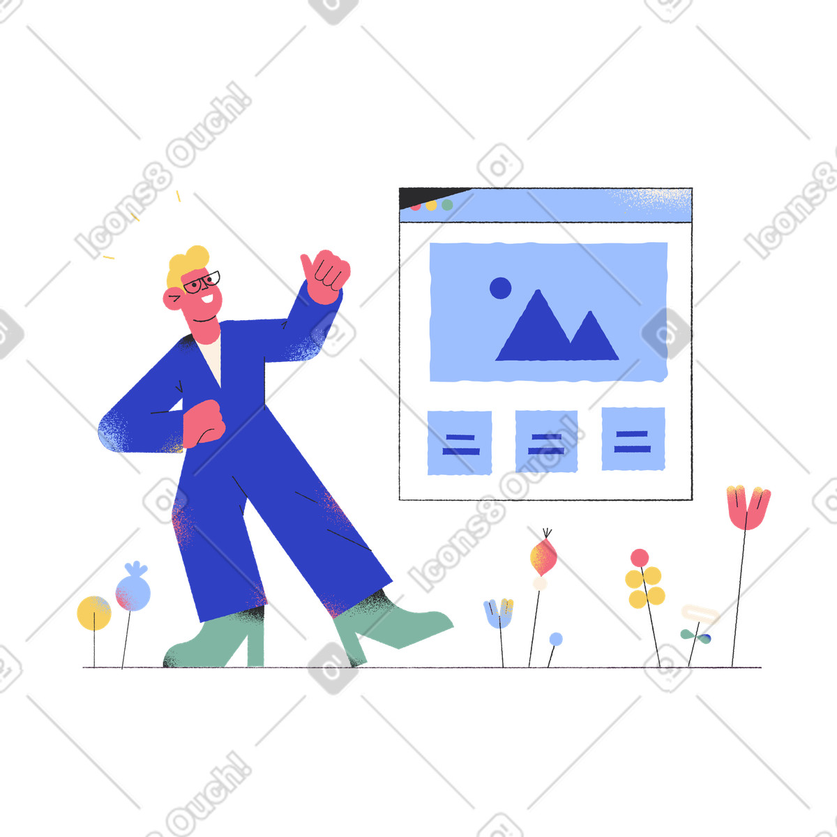 Designer presenting website wireframe, UI design and web development illustration in Pablo style download in PNG, SVG