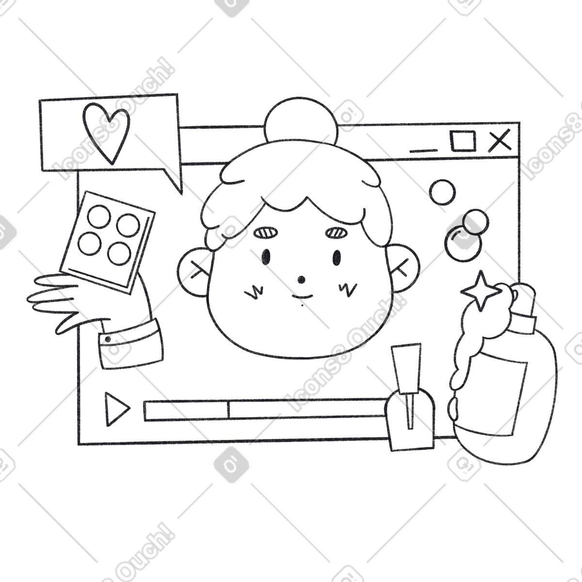 Una giovane video blogger presenta i suoi nuovissimi cosmetici. illustrazione in stile Bonbon Line scarica in PNG, SVG