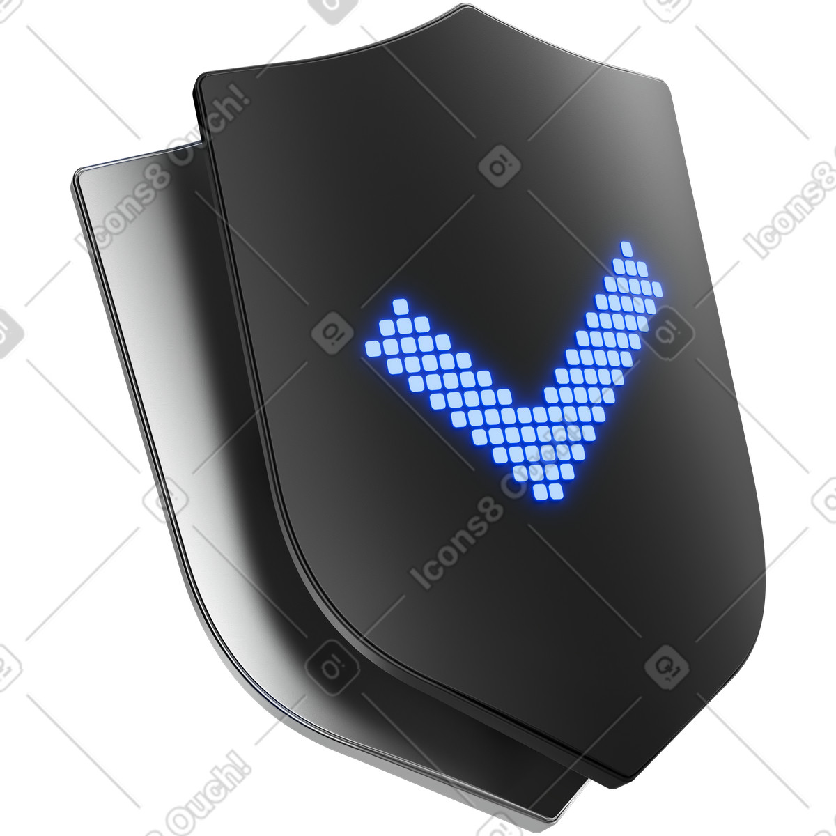 Protection shield symbol with digital checkmark indicating verified data safety illustrazione in stile 3D Metallic scarica in PNG, SVG