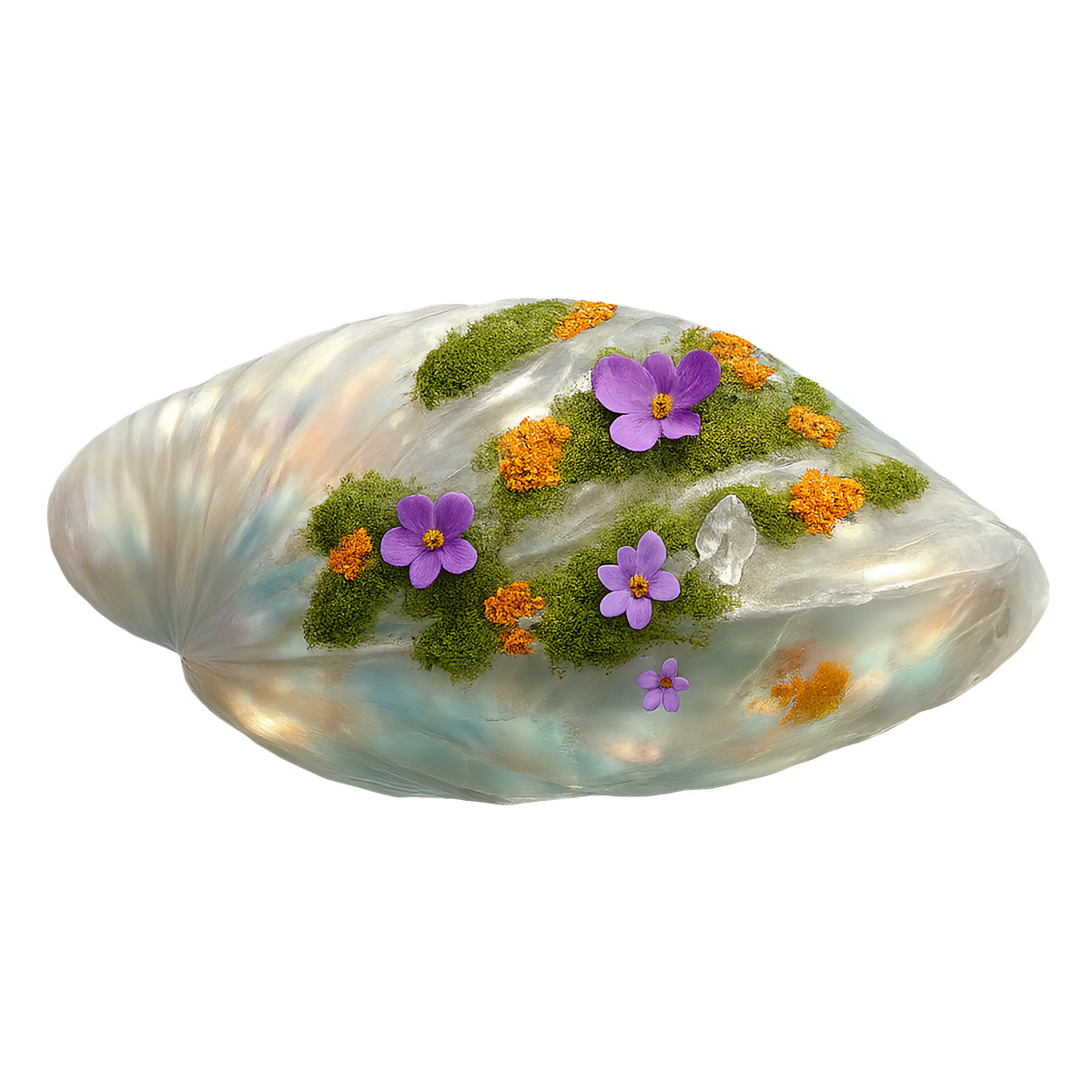 Iridescent seashell with moss and purple flowers, Nature-inspired decoration illustration in Biomorphic style download in PNG, SVG