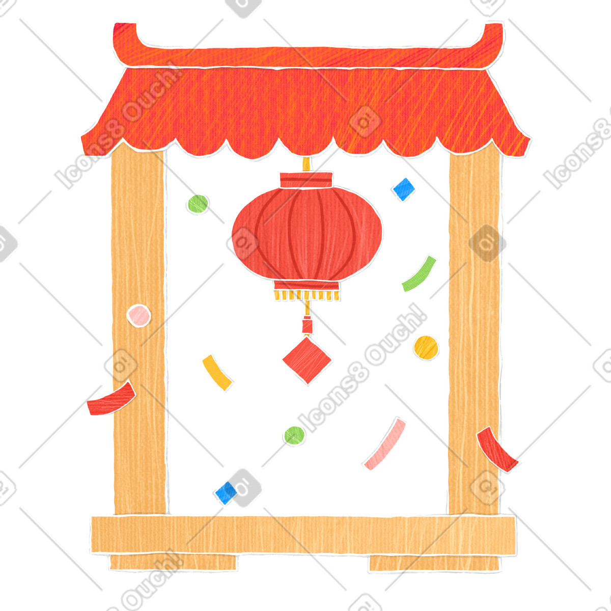 Illustration Pavillon chinois décoré de lanternes rouges et confettis volants dans le style Crafty à télécharger aux formats PNG, SVG