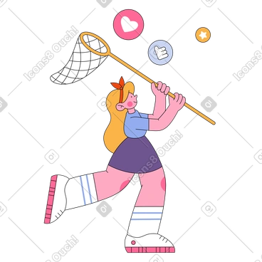 Girl with a net catching likes and stars PNG, SVG